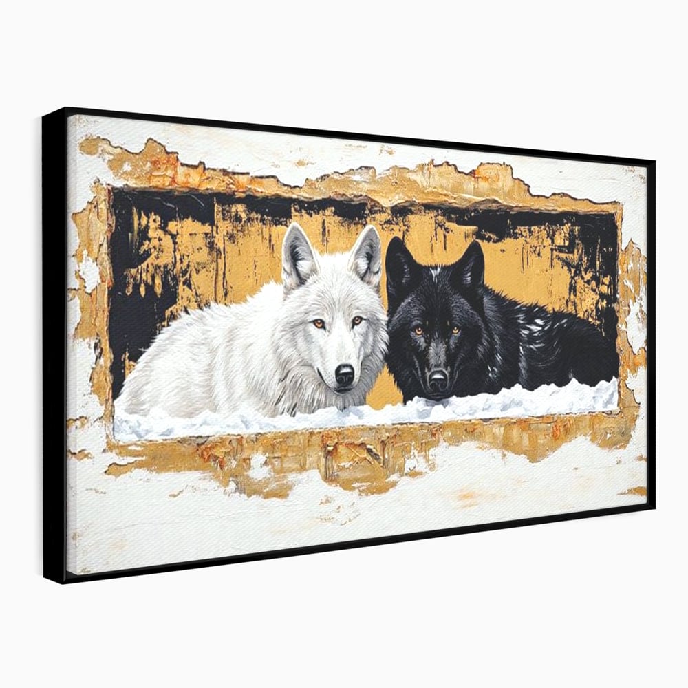 Leinwand Premium Canvas Wandbilder, LuxCanva® M1472, Treffen der Extreme, Wölfe, Paar, Gold, Kontrast, Verbindung, Harmonie, Rahmen, Schwarz-Weiß, Balance, Büro, Wohnen, Kinderzimmer