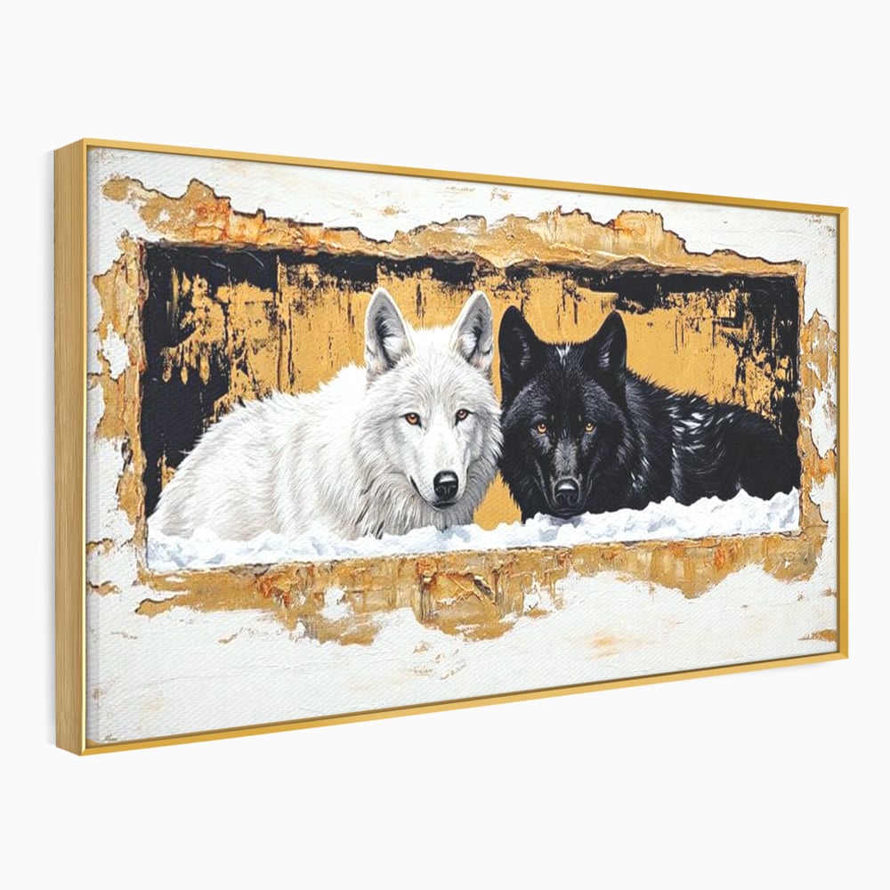 Leinwand Premium Canvas Wandbilder, LuxCanva® M1472, Treffen der Extreme, Wölfe, Paar, Gold, Kontrast, Verbindung, Harmonie, Rahmen, Schwarz-Weiß, Balance, Büro, Wohnen, Kinderzimmer