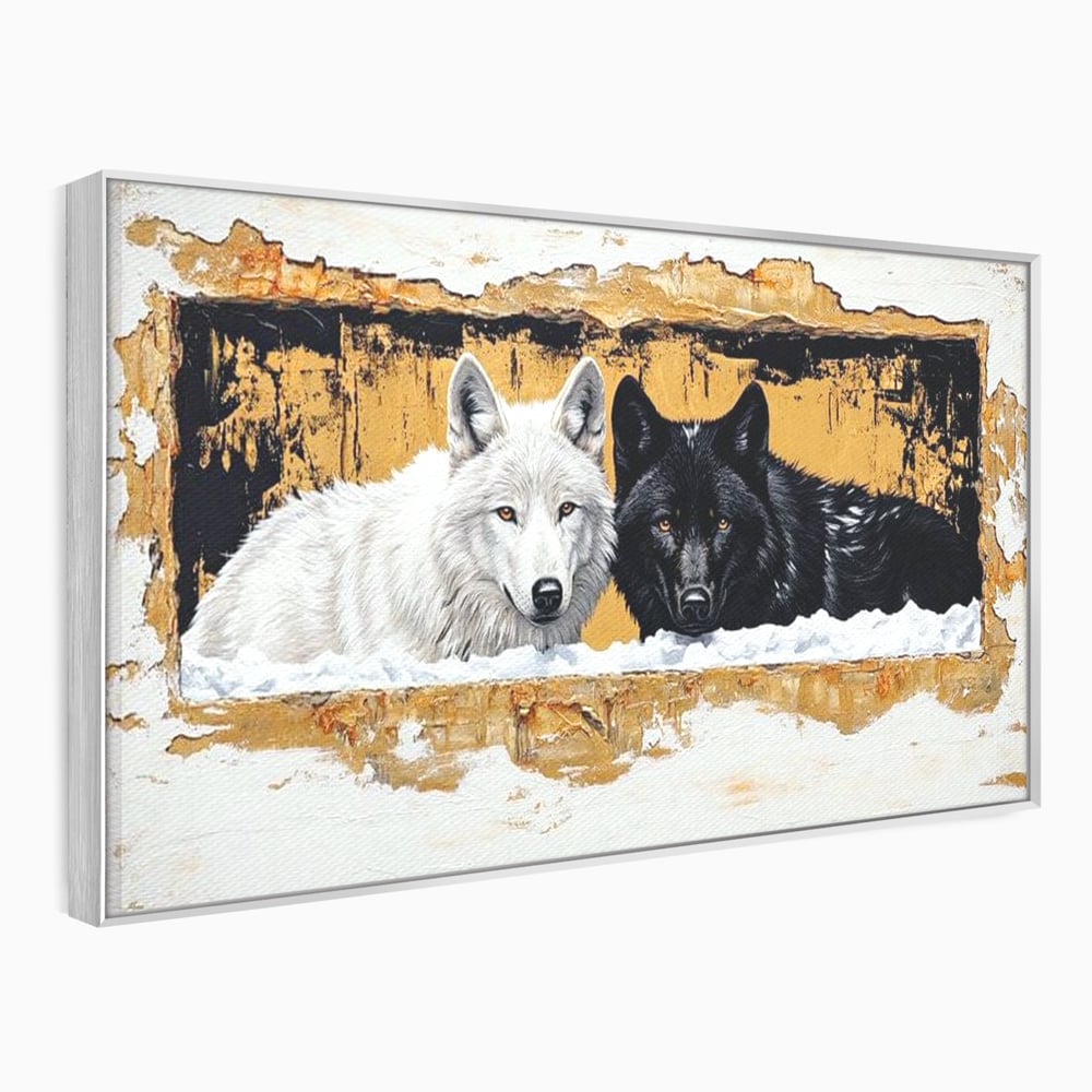 Leinwand Premium Canvas Wandbilder, LuxCanva® M1472, Treffen der Extreme, Wölfe, Paar, Gold, Kontrast, Verbindung, Harmonie, Rahmen, Schwarz-Weiß, Balance, Büro, Wohnen, Kinderzimmer
