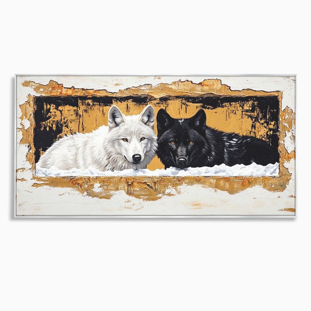 Leinwand Premium Canvas Wandbilder, LuxCanva® M1472, Treffen der Extreme, Wölfe, Paar, Gold, Kontrast, Verbindung, Harmonie, Rahmen, Schwarz-Weiß, Balance, Büro, Wohnen, Kinderzimmer