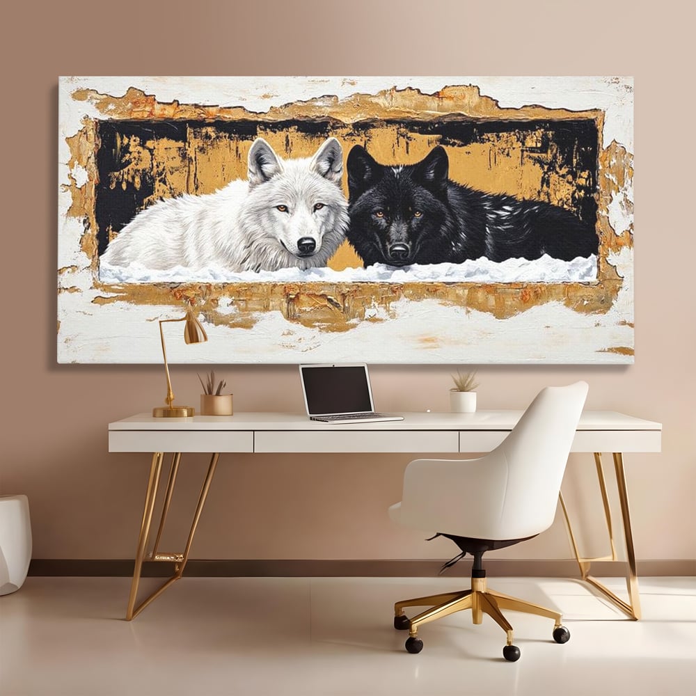 Leinwand Premium Canvas Wandbilder, LuxCanva® M1472, Treffen der Extreme, Wölfe, Paar, Gold, Kontrast, Verbindung, Harmonie, Rahmen, Schwarz-Weiß, Balance, Büro, Wohnen, Kinderzimmer