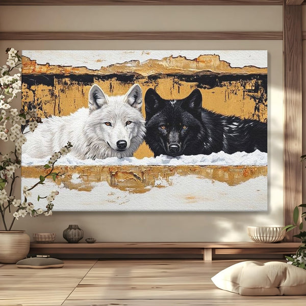 Leinwand Premium Canvas Wandbilder, LuxCanva® M1472, Treffen der Extreme, Wölfe, Paar, Gold, Kontrast, Verbindung, Harmonie, Rahmen, Schwarz-Weiß, Balance, Büro, Wohnen, Kinderzimmer