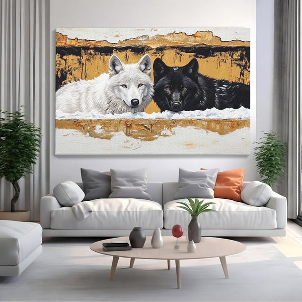 Leinwand Premium Canvas Wandbilder, LuxCanva® M1472, Treffen der Extreme, Wölfe, Paar, Gold, Kontrast, Verbindung, Harmonie, Rahmen, Schwarz-Weiß, Balance, Büro, Wohnen, Kinderzimmer
