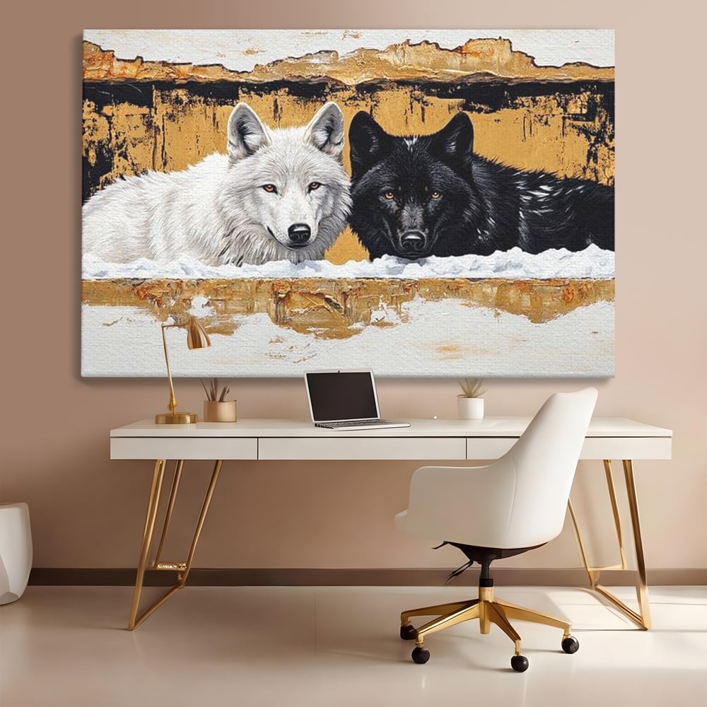 Leinwand Premium Canvas Wandbilder, LuxCanva® M1472, Treffen der Extreme, Wölfe, Paar, Gold, Kontrast, Verbindung, Harmonie, Rahmen, Schwarz-Weiß, Balance, Büro, Wohnen, Kinderzimmer
