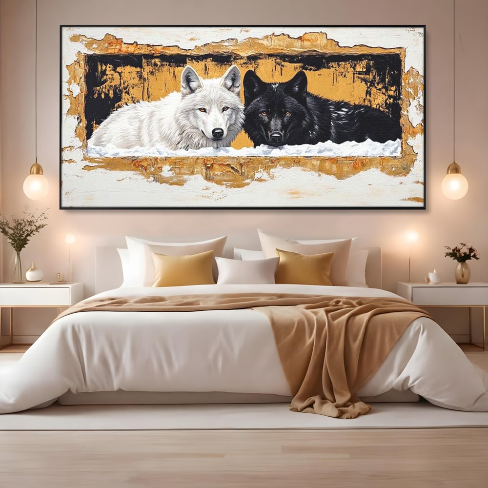 Leinwand Premium Canvas Wandbilder, LuxCanva® M1472, Treffen der Extreme, Wölfe, Paar, Gold, Kontrast, Verbindung, Harmonie, Rahmen, Schwarz-Weiß, Balance, Büro, Wohnen, Kinderzimmer