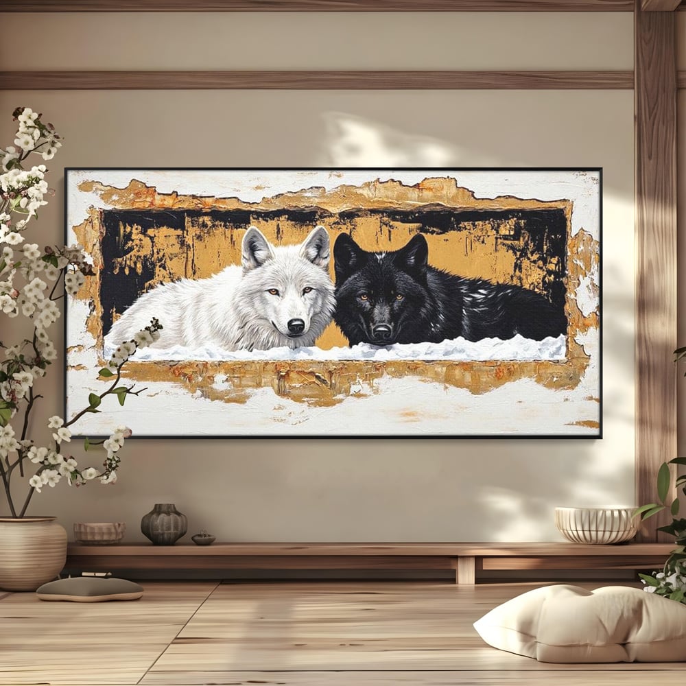 Leinwand Premium Canvas Wandbilder, LuxCanva® M1472, Treffen der Extreme, Wölfe, Paar, Gold, Kontrast, Verbindung, Harmonie, Rahmen, Schwarz-Weiß, Balance, Büro, Wohnen, Kinderzimmer