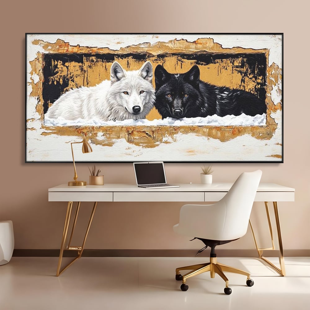 Leinwand Premium Canvas Wandbilder, LuxCanva® M1472, Treffen der Extreme, Wölfe, Paar, Gold, Kontrast, Verbindung, Harmonie, Rahmen, Schwarz-Weiß, Balance, Büro, Wohnen, Kinderzimmer