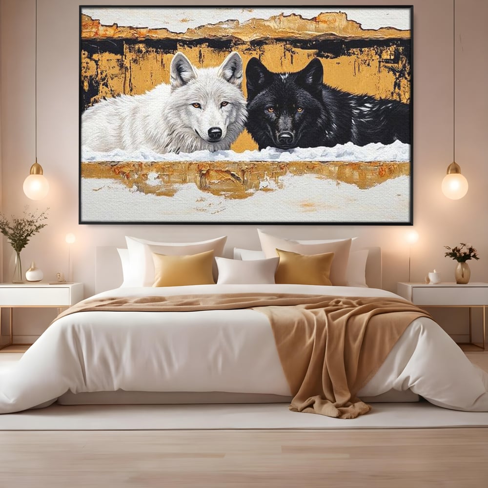 Leinwand Premium Canvas Wandbilder, LuxCanva® M1472, Treffen der Extreme, Wölfe, Paar, Gold, Kontrast, Verbindung, Harmonie, Rahmen, Schwarz-Weiß, Balance, Büro, Wohnen, Kinderzimmer