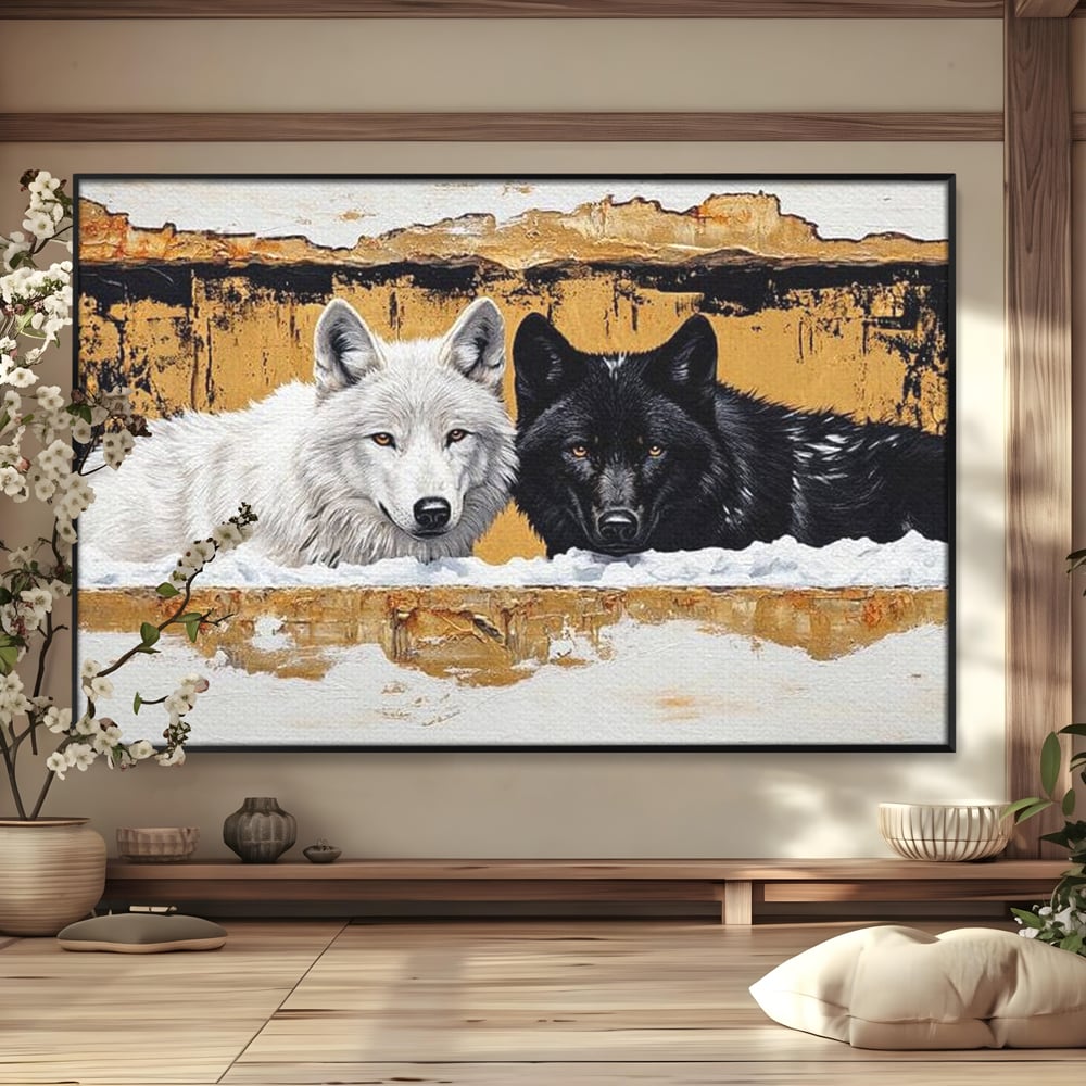 Leinwand Premium Canvas Wandbilder, LuxCanva® M1472, Treffen der Extreme, Wölfe, Paar, Gold, Kontrast, Verbindung, Harmonie, Rahmen, Schwarz-Weiß, Balance, Büro, Wohnen, Kinderzimmer