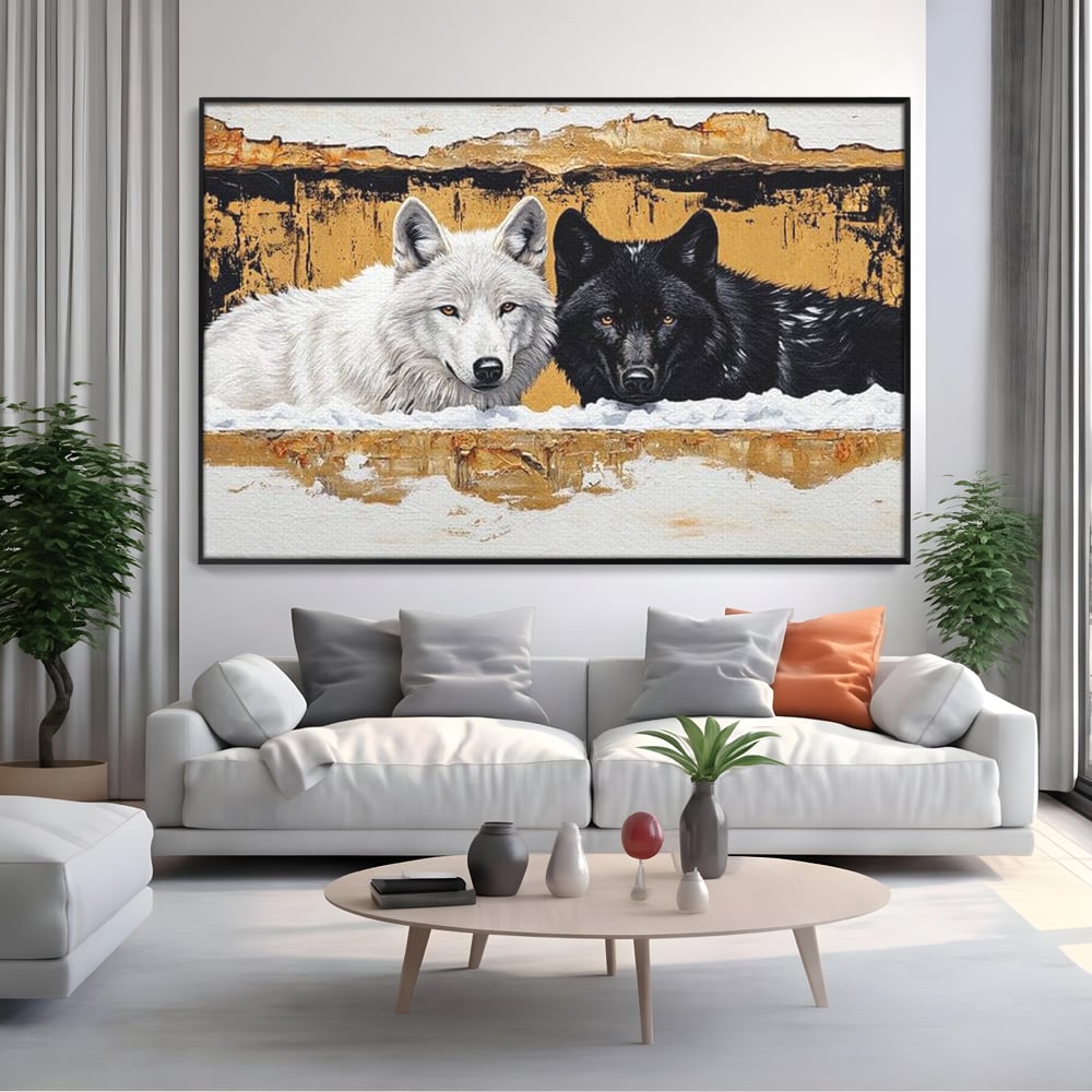 Leinwand Premium Canvas Wandbilder, LuxCanva® M1472, Treffen der Extreme, Wölfe, Paar, Gold, Kontrast, Verbindung, Harmonie, Rahmen, Schwarz-Weiß, Balance, Büro, Wohnen, Kinderzimmer