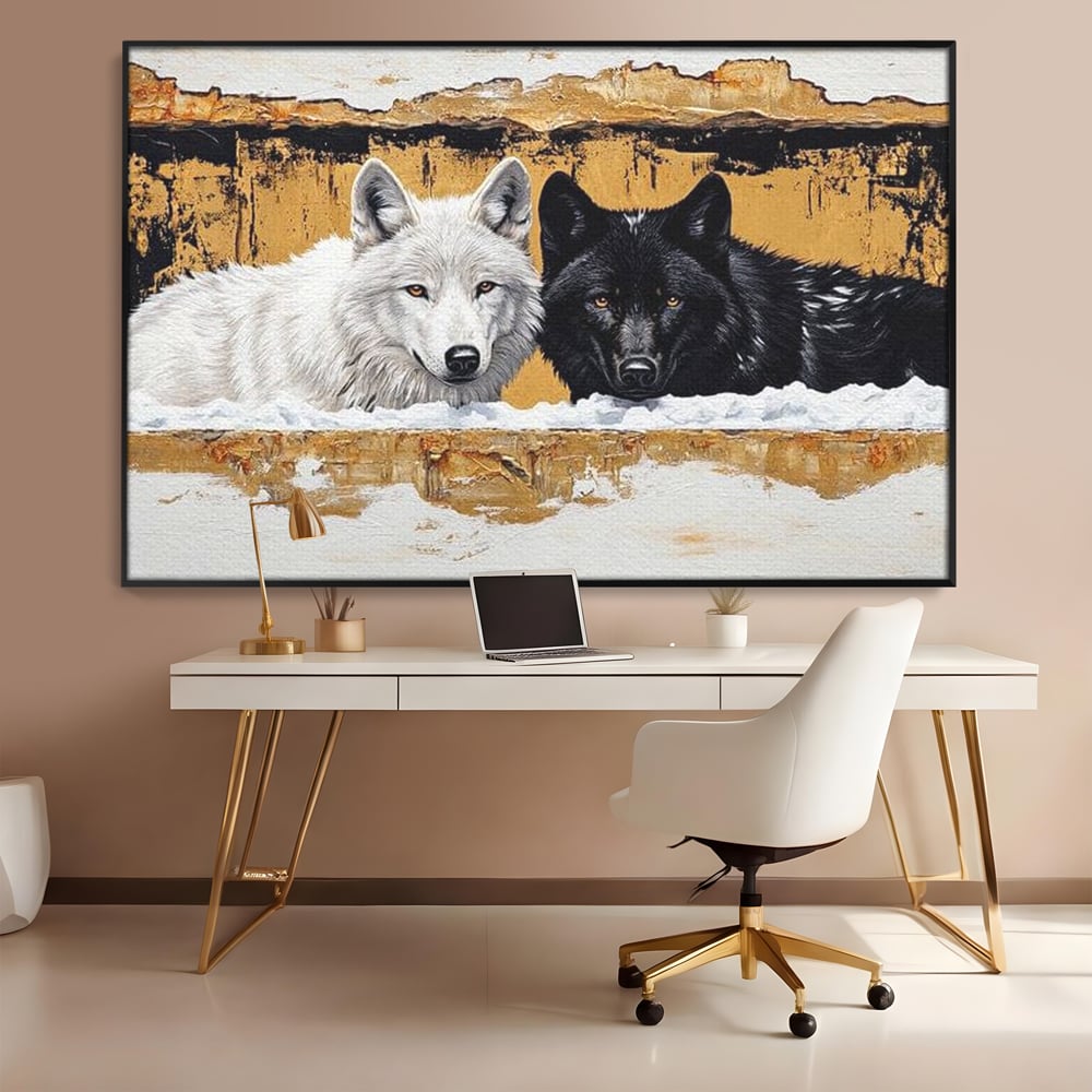 Leinwand Premium Canvas Wandbilder, LuxCanva® M1472, Treffen der Extreme, Wölfe, Paar, Gold, Kontrast, Verbindung, Harmonie, Rahmen, Schwarz-Weiß, Balance, Büro, Wohnen, Kinderzimmer