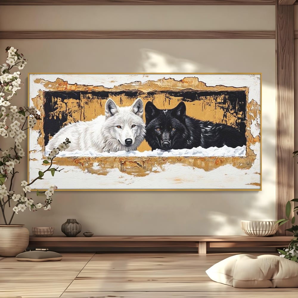 Leinwand Premium Canvas Wandbilder, LuxCanva® M1472, Treffen der Extreme, Wölfe, Paar, Gold, Kontrast, Verbindung, Harmonie, Rahmen, Schwarz-Weiß, Balance, Büro, Wohnen, Kinderzimmer