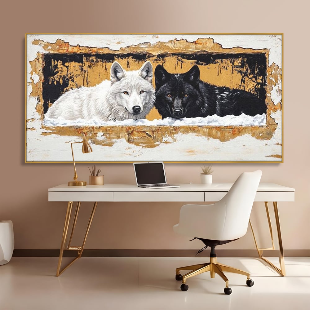 Leinwand Premium Canvas Wandbilder, LuxCanva® M1472, Treffen der Extreme, Wölfe, Paar, Gold, Kontrast, Verbindung, Harmonie, Rahmen, Schwarz-Weiß, Balance, Büro, Wohnen, Kinderzimmer
