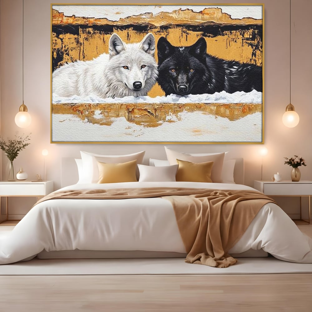 Leinwand Premium Canvas Wandbilder, LuxCanva® M1472, Treffen der Extreme, Wölfe, Paar, Gold, Kontrast, Verbindung, Harmonie, Rahmen, Schwarz-Weiß, Balance, Büro, Wohnen, Kinderzimmer