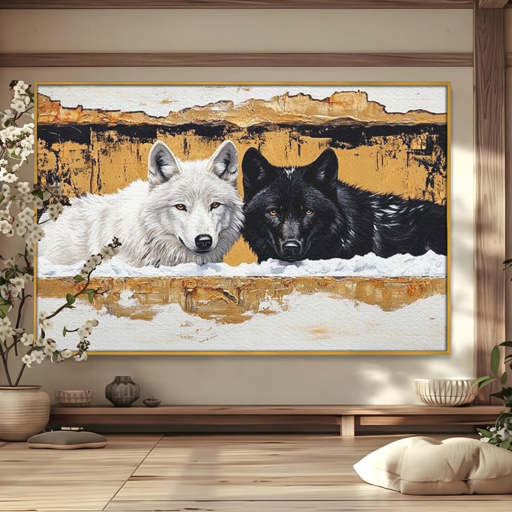 Leinwand Premium Canvas Wandbilder, LuxCanva® M1472, Treffen der Extreme, Wölfe, Paar, Gold, Kontrast, Verbindung, Harmonie, Rahmen, Schwarz-Weiß, Balance, Büro, Wohnen, Kinderzimmer