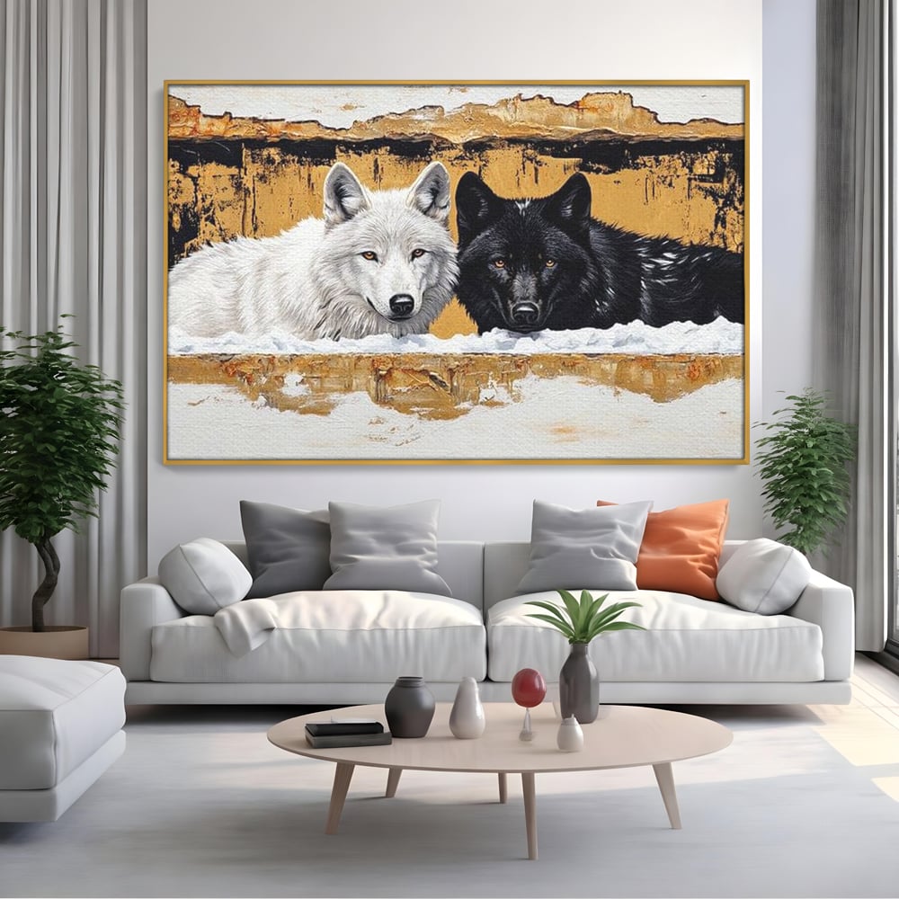 Leinwand Premium Canvas Wandbilder, LuxCanva® M1472, Treffen der Extreme, Wölfe, Paar, Gold, Kontrast, Verbindung, Harmonie, Rahmen, Schwarz-Weiß, Balance, Büro, Wohnen, Kinderzimmer
