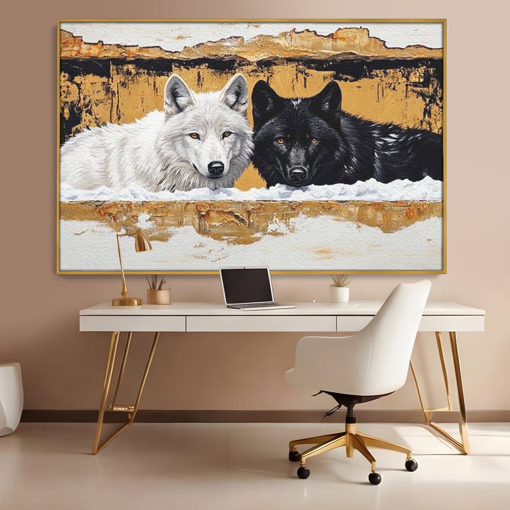 Leinwand Premium Canvas Wandbilder, LuxCanva® M1472, Treffen der Extreme, Wölfe, Paar, Gold, Kontrast, Verbindung, Harmonie, Rahmen, Schwarz-Weiß, Balance, Büro, Wohnen, Kinderzimmer