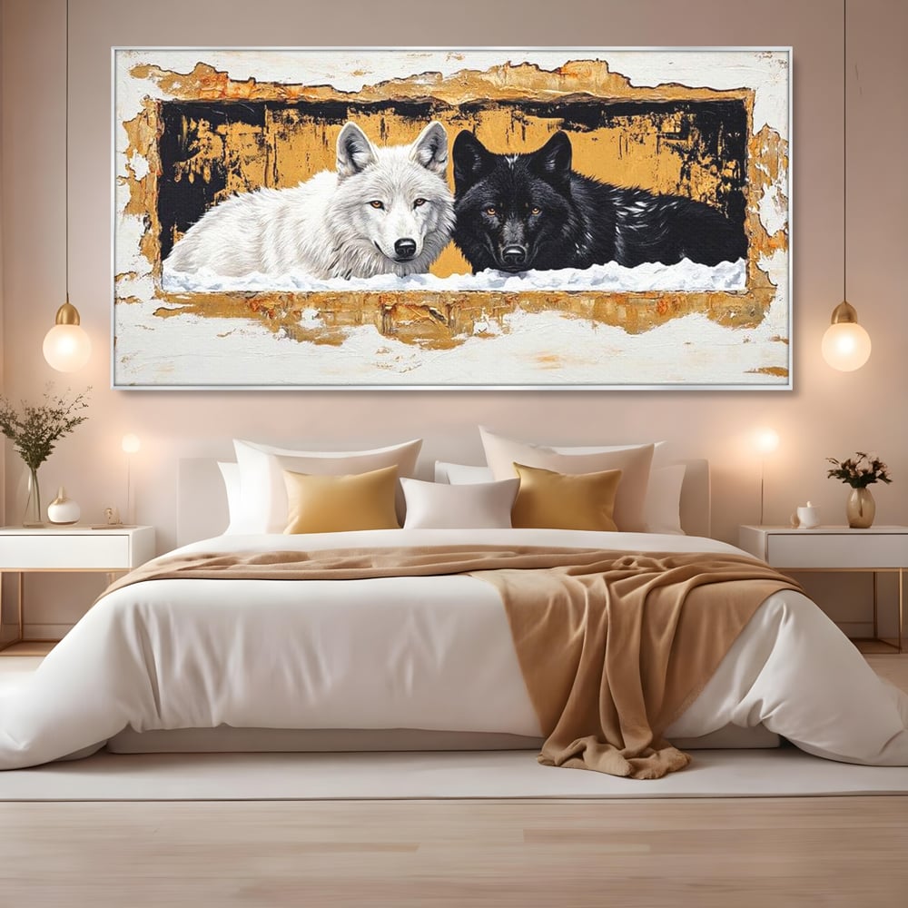Leinwand Premium Canvas Wandbilder, LuxCanva® M1472, Treffen der Extreme, Wölfe, Paar, Gold, Kontrast, Verbindung, Harmonie, Rahmen, Schwarz-Weiß, Balance, Büro, Wohnen, Kinderzimmer