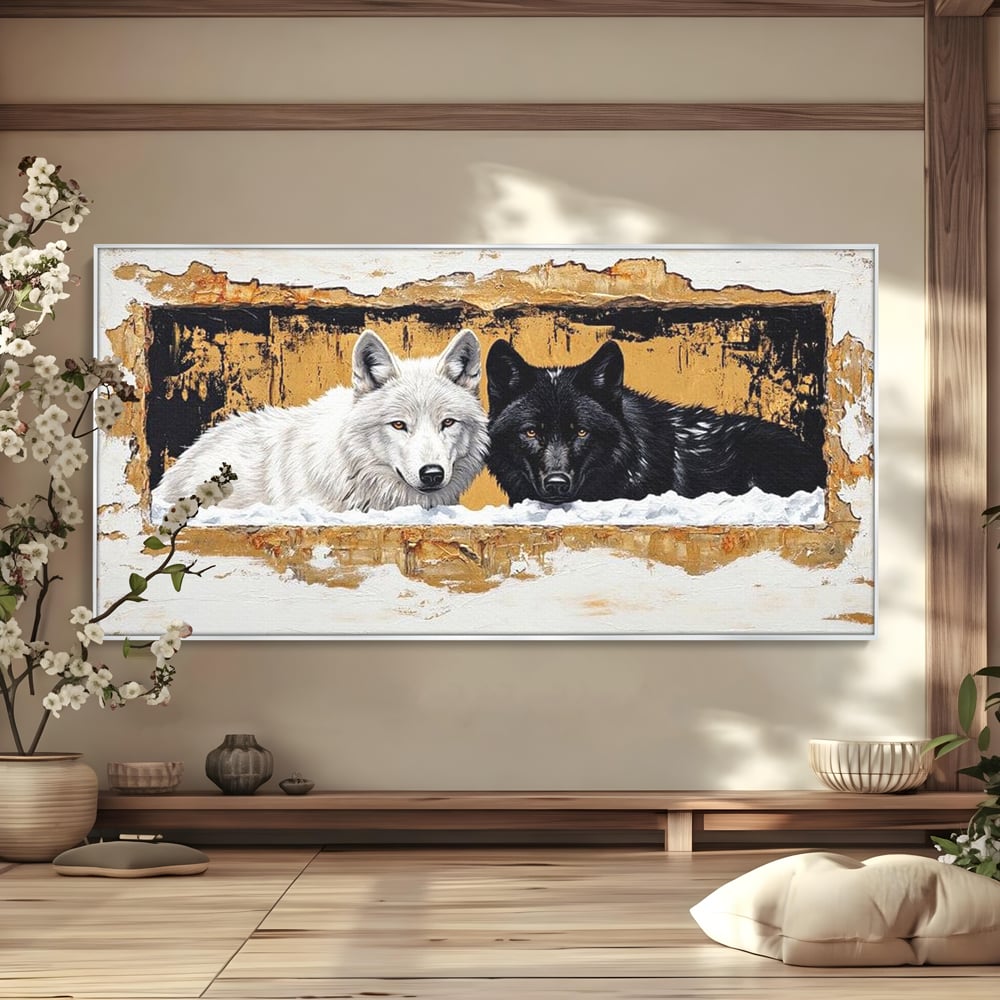 Leinwand Premium Canvas Wandbilder, LuxCanva® M1472, Treffen der Extreme, Wölfe, Paar, Gold, Kontrast, Verbindung, Harmonie, Rahmen, Schwarz-Weiß, Balance, Büro, Wohnen, Kinderzimmer