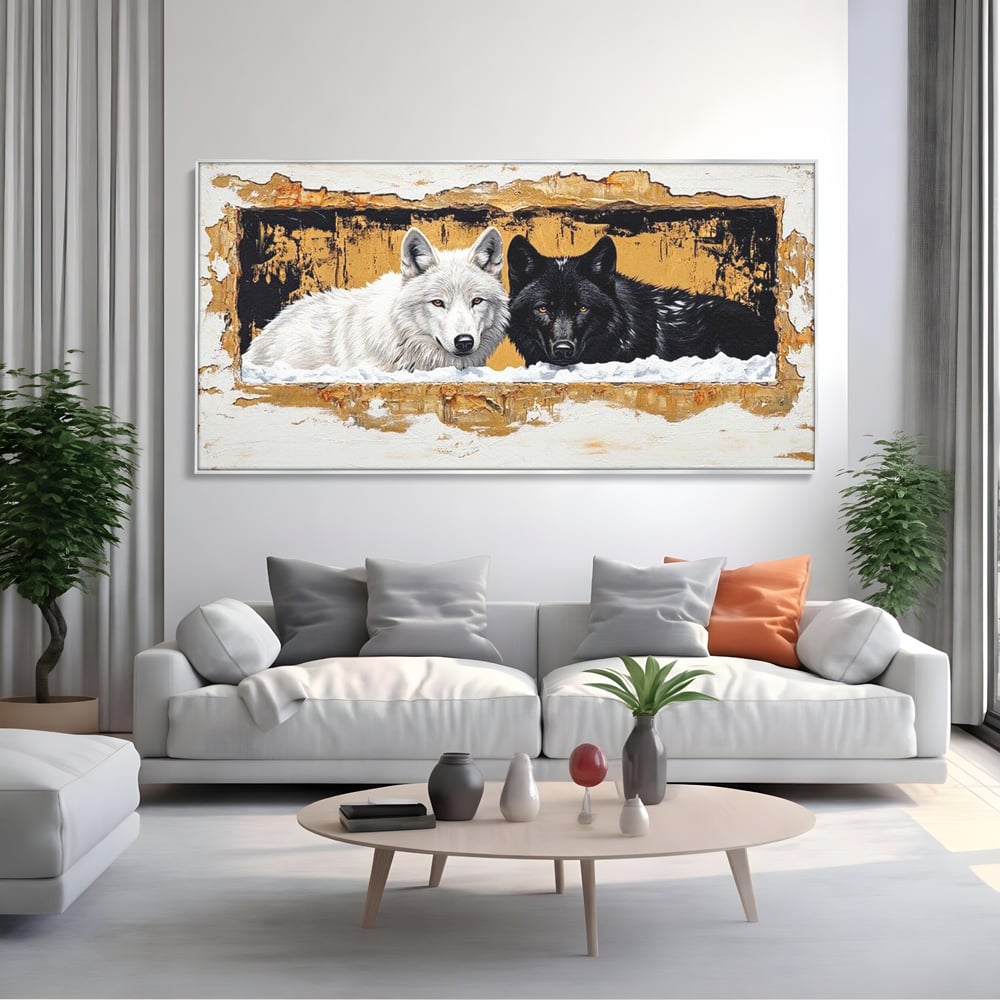 Leinwand Premium Canvas Wandbilder, LuxCanva® M1472, Treffen der Extreme, Wölfe, Paar, Gold, Kontrast, Verbindung, Harmonie, Rahmen, Schwarz-Weiß, Balance, Büro, Wohnen, Kinderzimmer