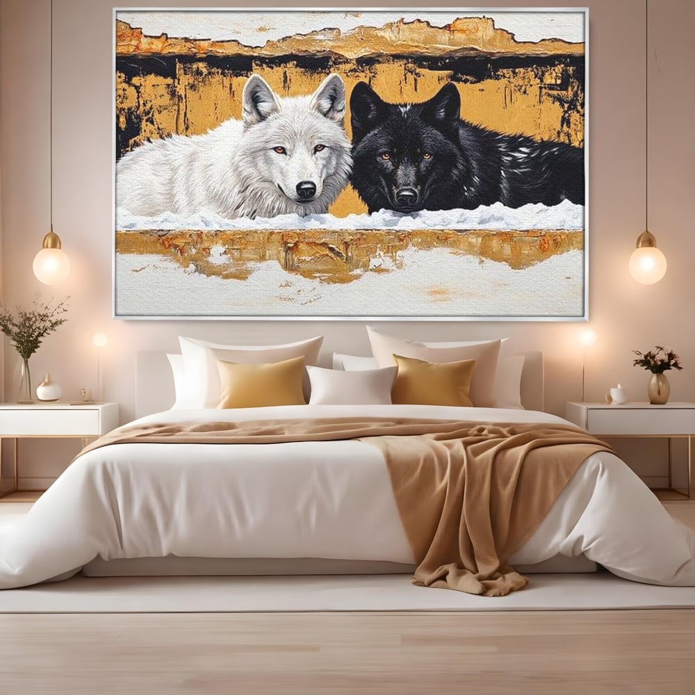 Leinwand Premium Canvas Wandbilder, LuxCanva® M1472, Treffen der Extreme, Wölfe, Paar, Gold, Kontrast, Verbindung, Harmonie, Rahmen, Schwarz-Weiß, Balance, Büro, Wohnen, Kinderzimmer
