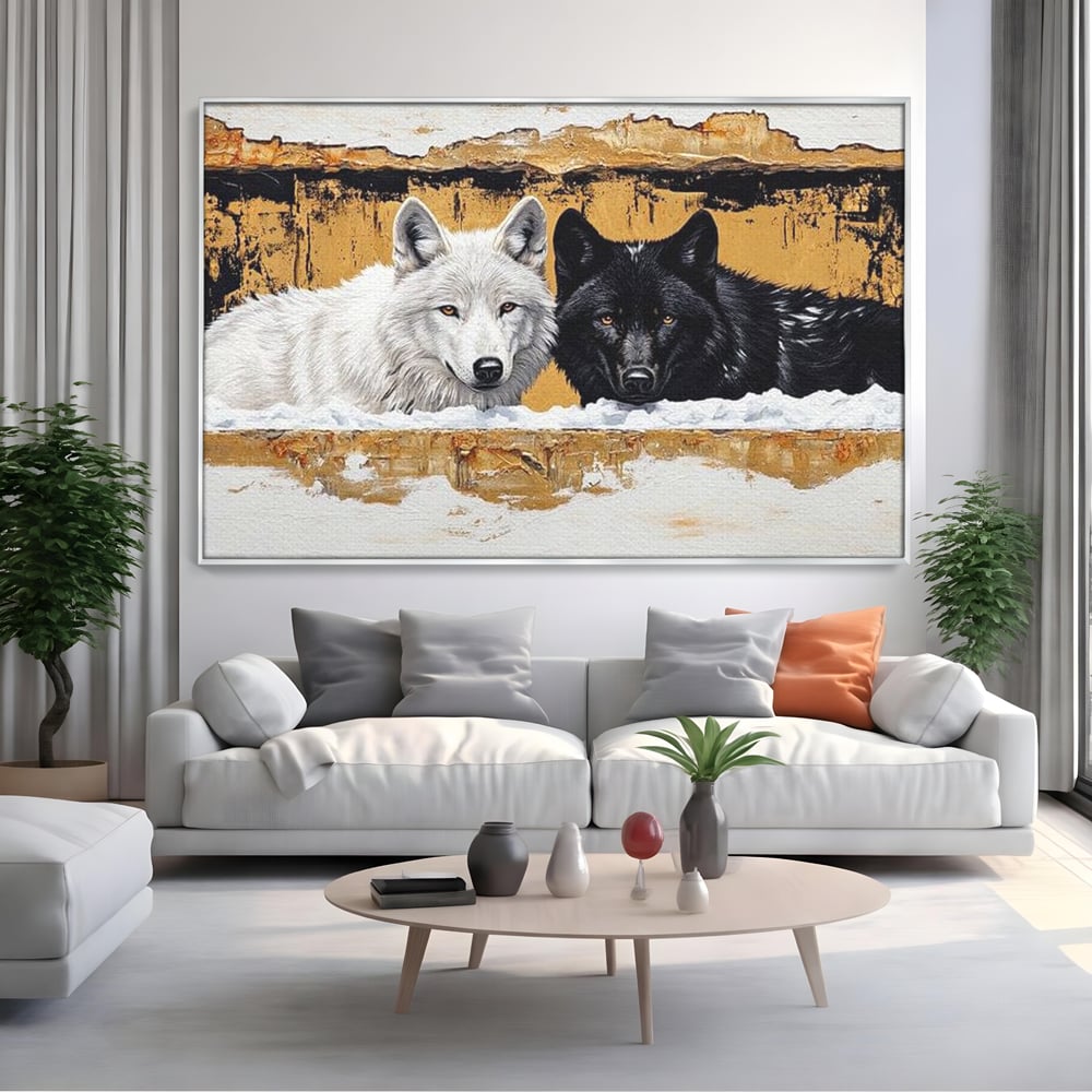 Leinwand Premium Canvas Wandbilder, LuxCanva® M1472, Treffen der Extreme, Wölfe, Paar, Gold, Kontrast, Verbindung, Harmonie, Rahmen, Schwarz-Weiß, Balance, Büro, Wohnen, Kinderzimmer
