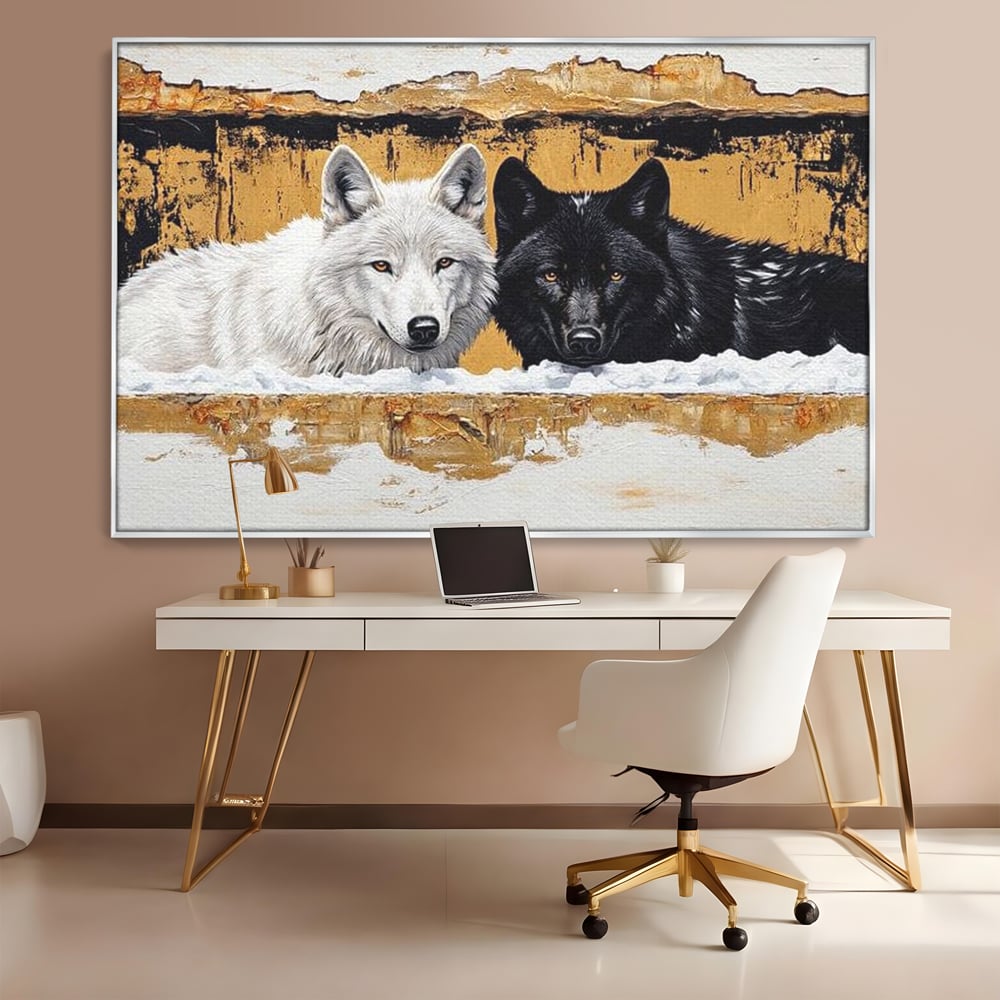 Leinwand Premium Canvas Wandbilder, LuxCanva® M1472, Treffen der Extreme, Wölfe, Paar, Gold, Kontrast, Verbindung, Harmonie, Rahmen, Schwarz-Weiß, Balance, Büro, Wohnen, Kinderzimmer