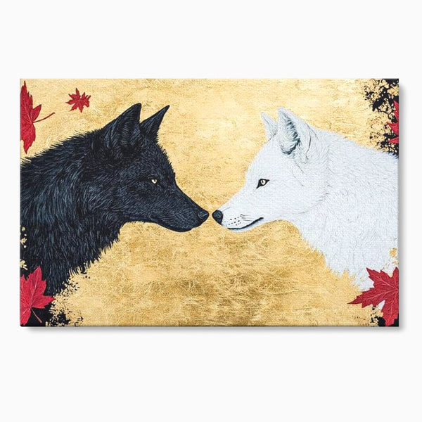 Leinwand Premium Canvas Wandkunst, LuxCanva® M1473, Unter Ahornblättern, Abstrakt, Symmetrie, Spiegel, Wölfe, Paar, Blätter, Golden, Link, Ahorn, Symbolisch, Büro, Wohnen, Kinderzimmer