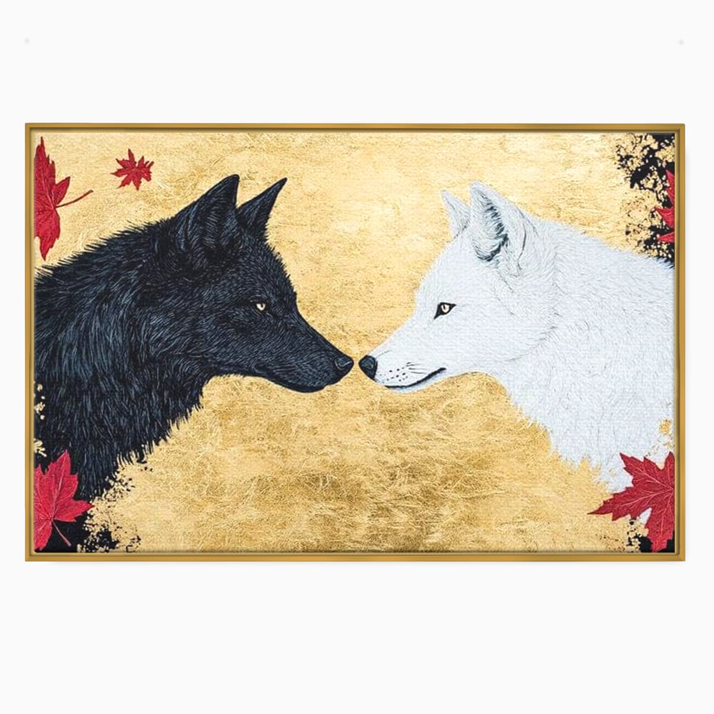 Leinwand Premium Canvas Wandkunst, LuxCanva® M1473, Unter Ahornblättern, Abstrakt, Symmetrie, Spiegel, Wölfe, Paar, Blätter, Golden, Link, Ahorn, Symbolisch, Büro, Wohnen, Kinderzimmer