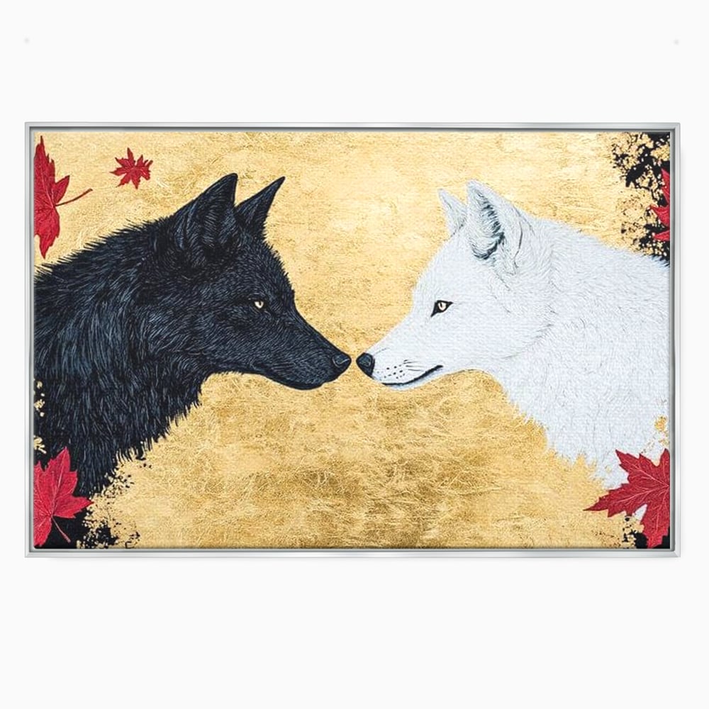 Leinwand Premium Canvas Wandkunst, LuxCanva® M1473, Unter Ahornblättern, Abstrakt, Symmetrie, Spiegel, Wölfe, Paar, Blätter, Golden, Link, Ahorn, Symbolisch, Büro, Wohnen, Kinderzimmer
