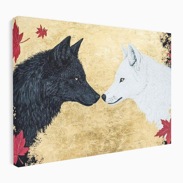 Leinwand Premium Canvas Wandkunst, LuxCanva® M1473, Unter Ahornblättern, Abstrakt, Symmetrie, Spiegel, Wölfe, Paar, Blätter, Golden, Link, Ahorn, Symbolisch, Büro, Wohnen, Kinderzimmer