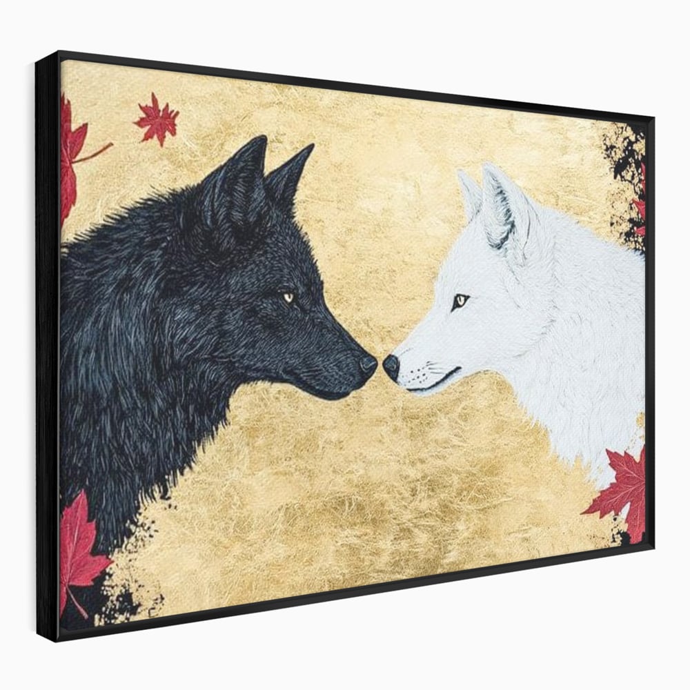 Leinwand Premium Canvas Wandkunst, LuxCanva® M1473, Unter Ahornblättern, Abstrakt, Symmetrie, Spiegel, Wölfe, Paar, Blätter, Golden, Link, Ahorn, Symbolisch, Büro, Wohnen, Kinderzimmer