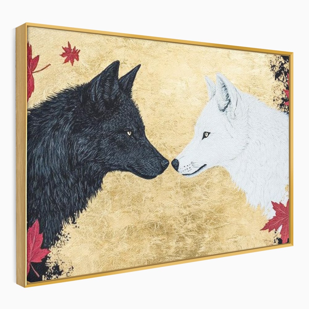 Leinwand Premium Canvas Wandkunst, LuxCanva® M1473, Unter Ahornblättern, Abstrakt, Symmetrie, Spiegel, Wölfe, Paar, Blätter, Golden, Link, Ahorn, Symbolisch, Büro, Wohnen, Kinderzimmer