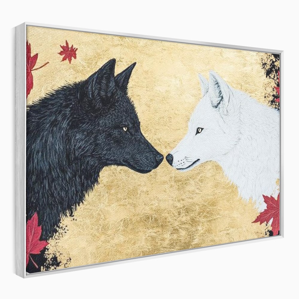 Leinwand Premium Canvas Wandkunst, LuxCanva® M1473, Unter Ahornblättern, Abstrakt, Symmetrie, Spiegel, Wölfe, Paar, Blätter, Golden, Link, Ahorn, Symbolisch, Büro, Wohnen, Kinderzimmer
