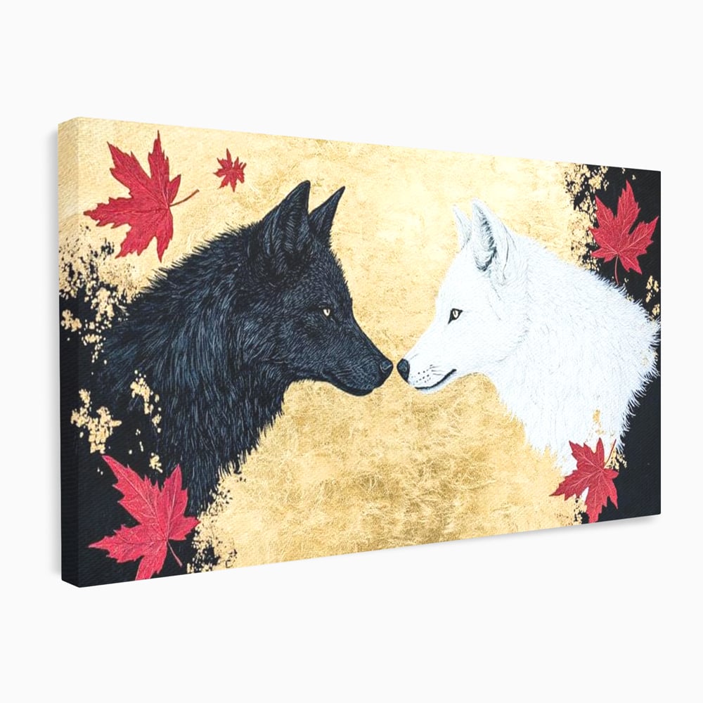 Leinwand Premium Canvas Wandkunst, LuxCanva® M1473, Unter Ahornblättern, Abstrakt, Symmetrie, Spiegel, Wölfe, Paar, Blätter, Golden, Link, Ahorn, Symbolisch, Büro, Wohnen, Kinderzimmer