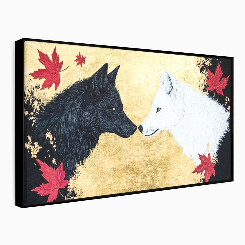 Leinwand Premium Canvas Wandkunst, LuxCanva® M1473, Unter Ahornblättern, Abstrakt, Symmetrie, Spiegel, Wölfe, Paar, Blätter, Golden, Link, Ahorn, Symbolisch, Büro, Wohnen, Kinderzimmer