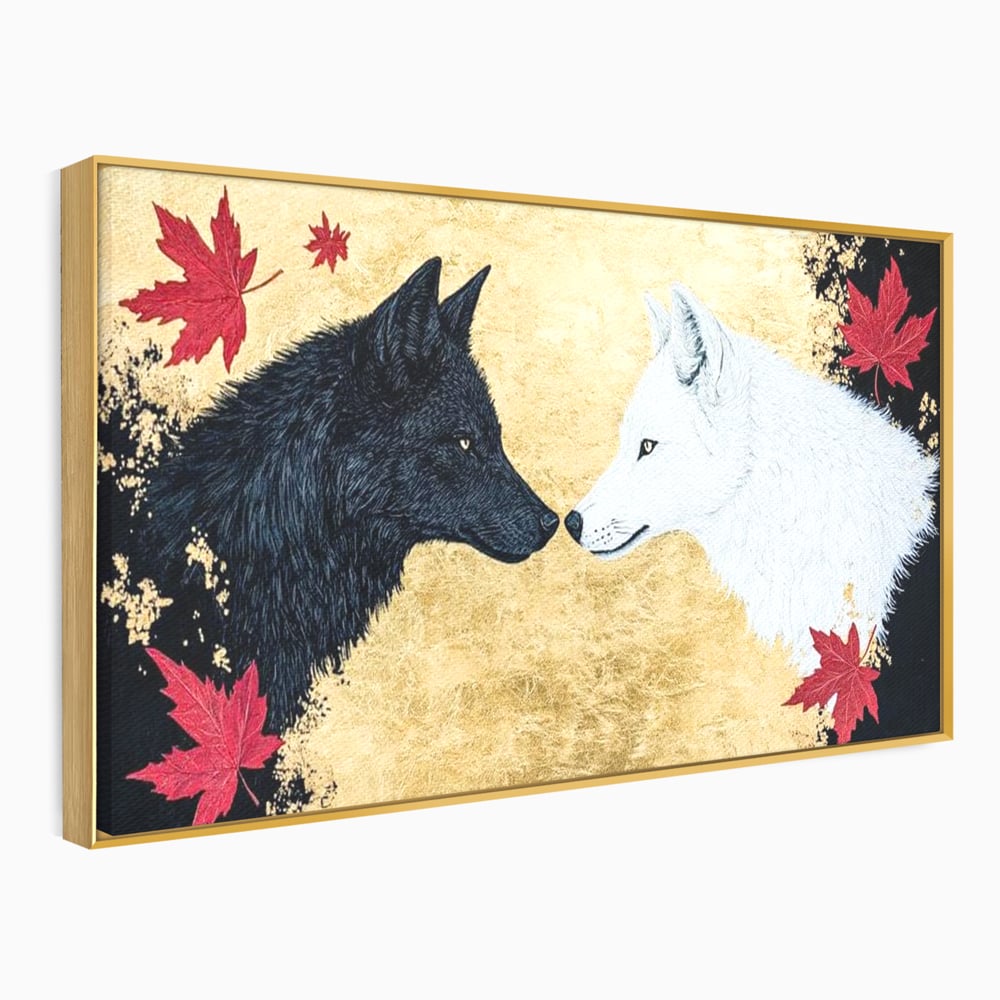 Leinwand Premium Canvas Wandkunst, LuxCanva® M1473, Unter Ahornblättern, Abstrakt, Symmetrie, Spiegel, Wölfe, Paar, Blätter, Golden, Link, Ahorn, Symbolisch, Büro, Wohnen, Kinderzimmer
