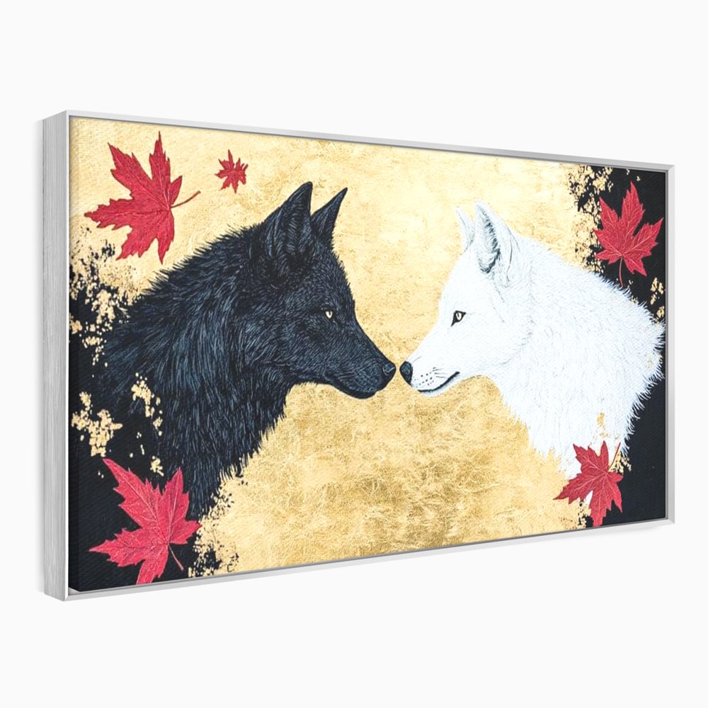 Leinwand Premium Canvas Wandkunst, LuxCanva® M1473, Unter Ahornblättern, Abstrakt, Symmetrie, Spiegel, Wölfe, Paar, Blätter, Golden, Link, Ahorn, Symbolisch, Büro, Wohnen, Kinderzimmer