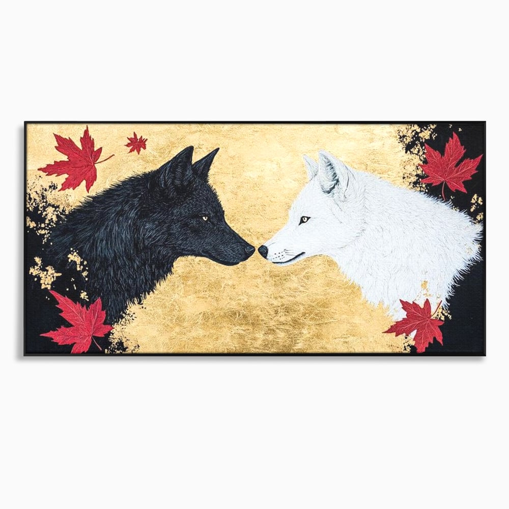 Leinwand Premium Canvas Wandkunst, LuxCanva® M1473, Unter Ahornblättern, Abstrakt, Symmetrie, Spiegel, Wölfe, Paar, Blätter, Golden, Link, Ahorn, Symbolisch, Büro, Wohnen, Kinderzimmer