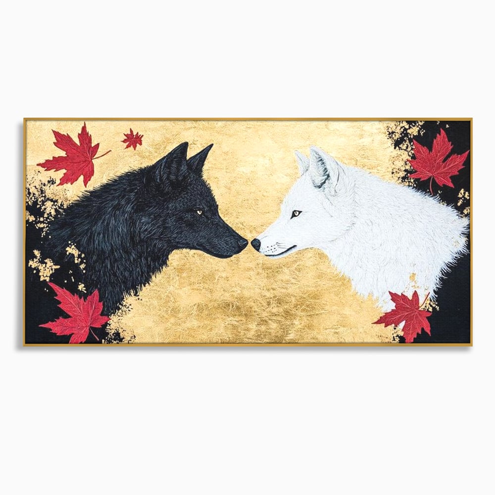 Leinwand Premium Canvas Wandkunst, LuxCanva® M1473, Unter Ahornblättern, Abstrakt, Symmetrie, Spiegel, Wölfe, Paar, Blätter, Golden, Link, Ahorn, Symbolisch, Büro, Wohnen, Kinderzimmer