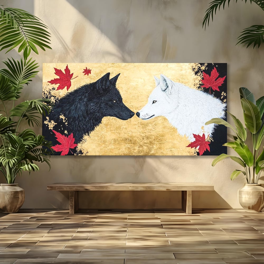 Leinwand Premium Canvas Wandkunst, LuxCanva® M1473, Unter Ahornblättern, Abstrakt, Symmetrie, Spiegel, Wölfe, Paar, Blätter, Golden, Link, Ahorn, Symbolisch, Büro, Wohnen, Kinderzimmer