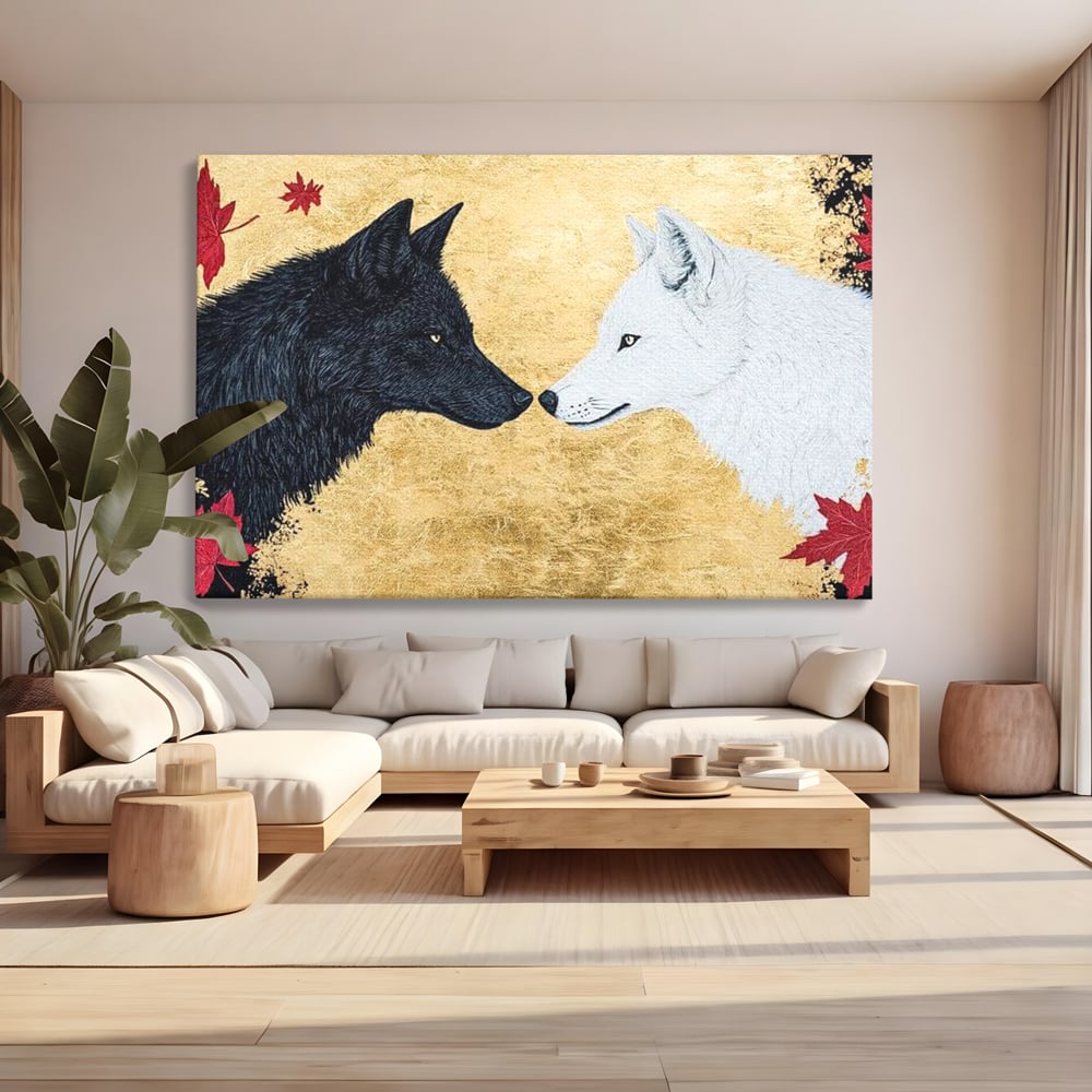 Leinwand Premium Canvas Wandkunst, LuxCanva® M1473, Unter Ahornblättern, Abstrakt, Symmetrie, Spiegel, Wölfe, Paar, Blätter, Golden, Link, Ahorn, Symbolisch, Büro, Wohnen, Kinderzimmer