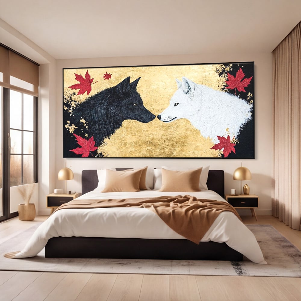 Leinwand Premium Canvas Wandkunst, LuxCanva® M1473, Unter Ahornblättern, Abstrakt, Symmetrie, Spiegel, Wölfe, Paar, Blätter, Golden, Link, Ahorn, Symbolisch, Büro, Wohnen, Kinderzimmer