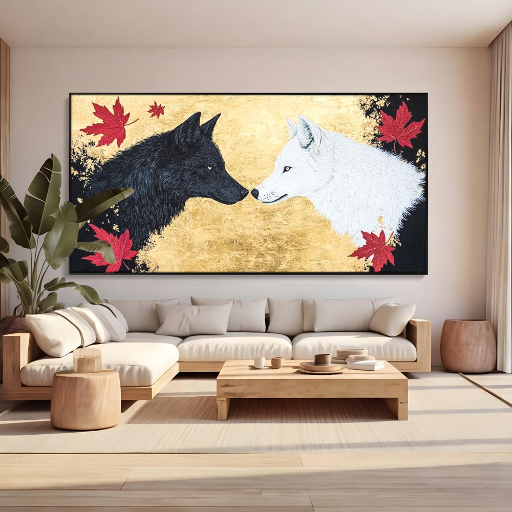 Leinwand Premium Canvas Wandkunst, LuxCanva® M1473, Unter Ahornblättern, Abstrakt, Symmetrie, Spiegel, Wölfe, Paar, Blätter, Golden, Link, Ahorn, Symbolisch, Büro, Wohnen, Kinderzimmer