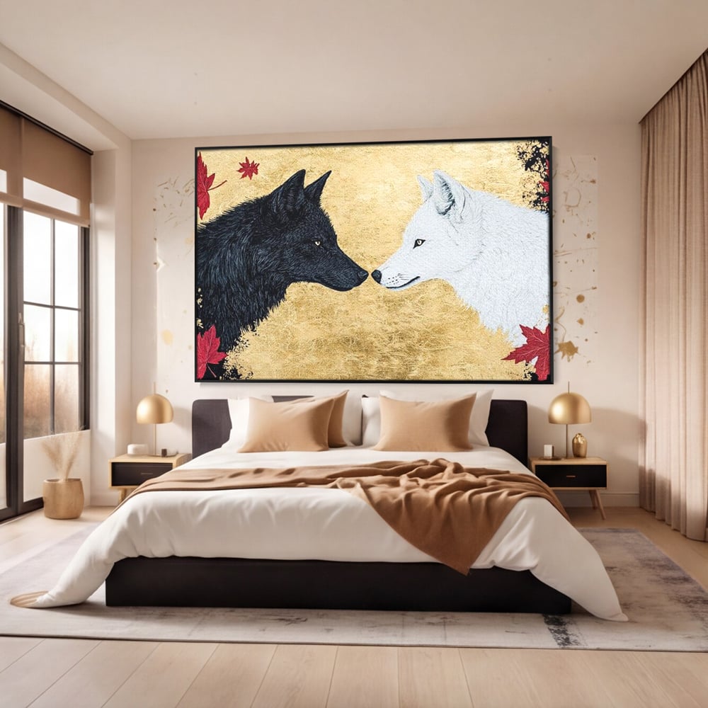 Leinwand Premium Canvas Wandkunst, LuxCanva® M1473, Unter Ahornblättern, Abstrakt, Symmetrie, Spiegel, Wölfe, Paar, Blätter, Golden, Link, Ahorn, Symbolisch, Büro, Wohnen, Kinderzimmer