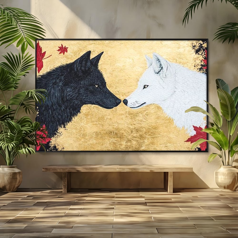 Leinwand Premium Canvas Wandkunst, LuxCanva® M1473, Unter Ahornblättern, Abstrakt, Symmetrie, Spiegel, Wölfe, Paar, Blätter, Golden, Link, Ahorn, Symbolisch, Büro, Wohnen, Kinderzimmer