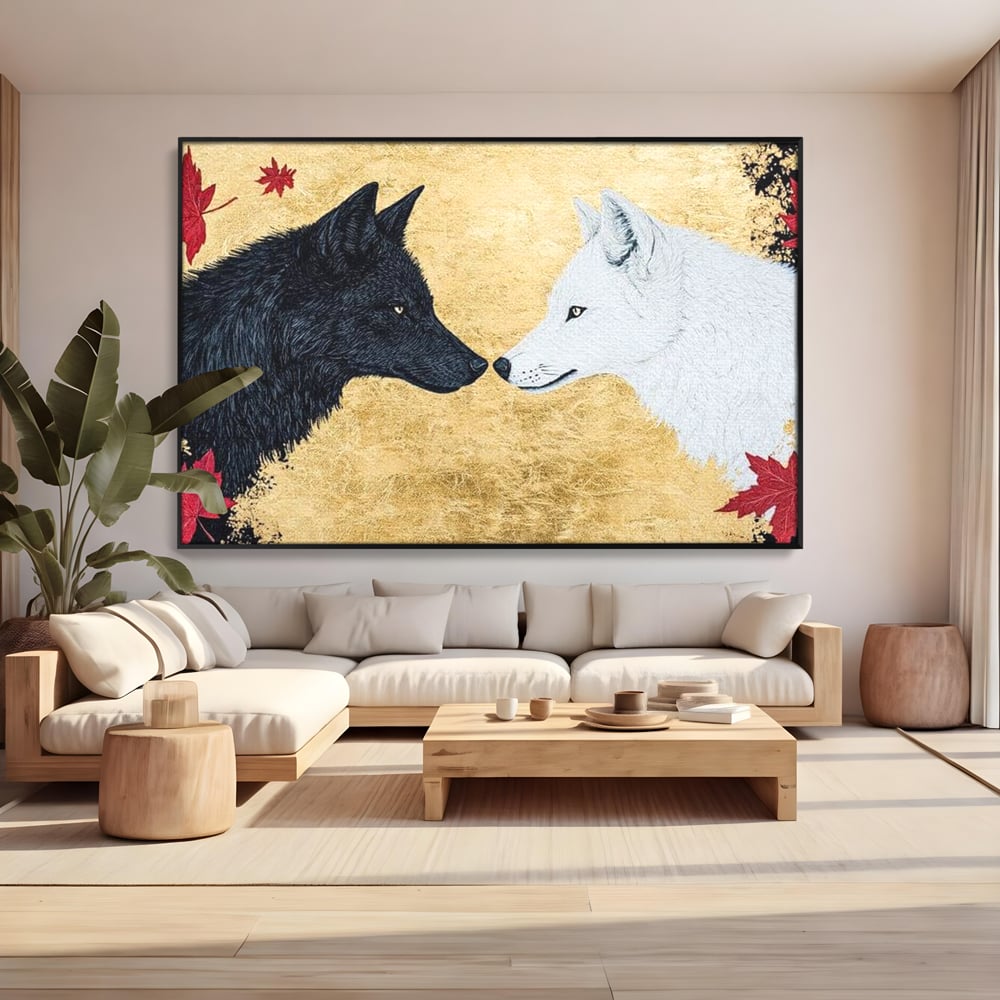 Leinwand Premium Canvas Wandkunst, LuxCanva® M1473, Unter Ahornblättern, Abstrakt, Symmetrie, Spiegel, Wölfe, Paar, Blätter, Golden, Link, Ahorn, Symbolisch, Büro, Wohnen, Kinderzimmer