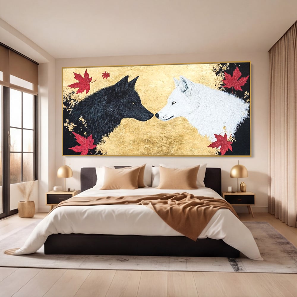 Leinwand Premium Canvas Wandkunst, LuxCanva® M1473, Unter Ahornblättern, Abstrakt, Symmetrie, Spiegel, Wölfe, Paar, Blätter, Golden, Link, Ahorn, Symbolisch, Büro, Wohnen, Kinderzimmer