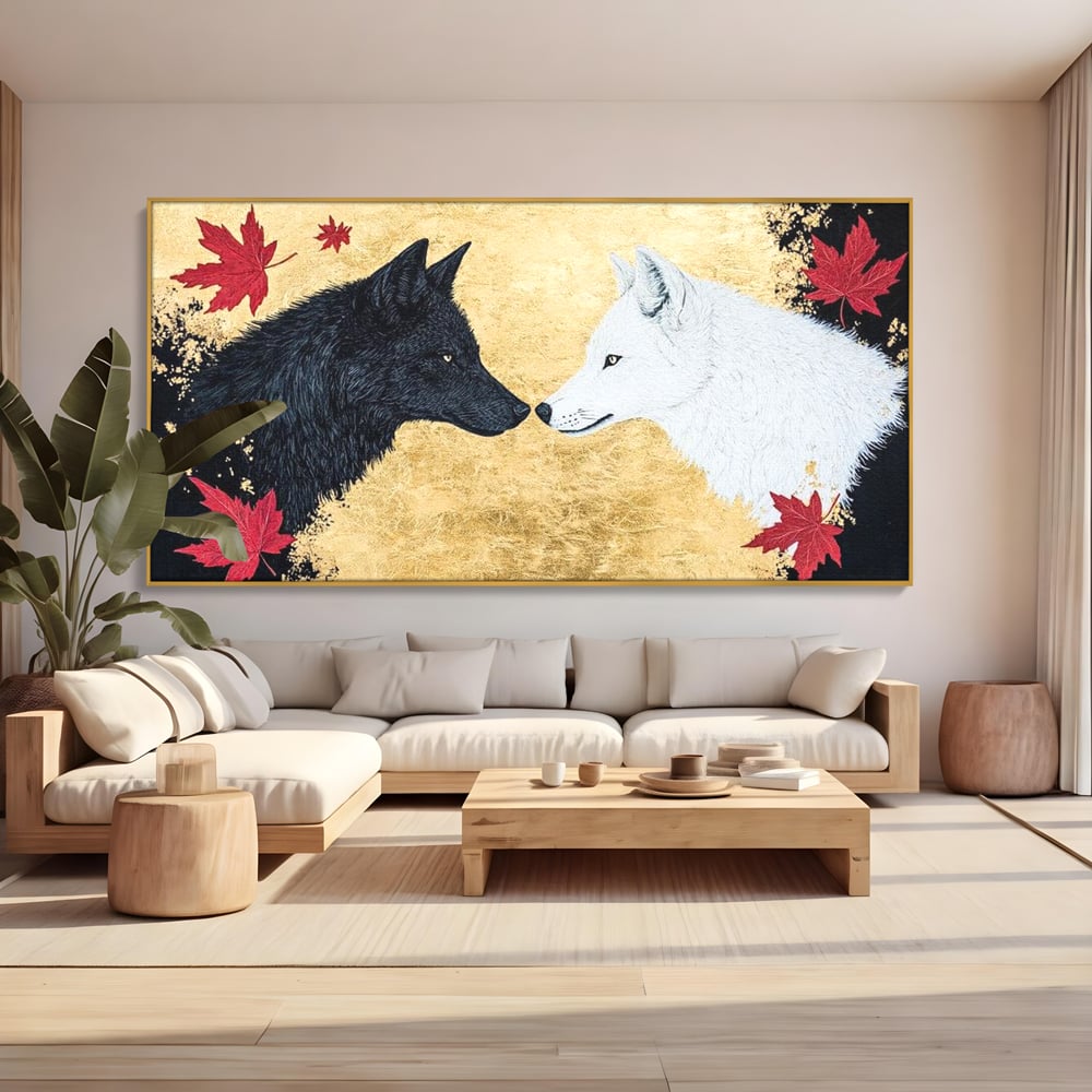 Leinwand Premium Canvas Wandkunst, LuxCanva® M1473, Unter Ahornblättern, Abstrakt, Symmetrie, Spiegel, Wölfe, Paar, Blätter, Golden, Link, Ahorn, Symbolisch, Büro, Wohnen, Kinderzimmer