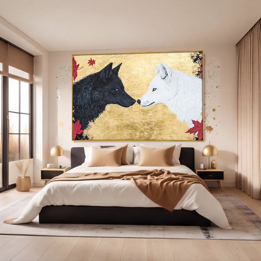 Leinwand Premium Canvas Wandkunst, LuxCanva® M1473, Unter Ahornblättern, Abstrakt, Symmetrie, Spiegel, Wölfe, Paar, Blätter, Golden, Link, Ahorn, Symbolisch, Büro, Wohnen, Kinderzimmer